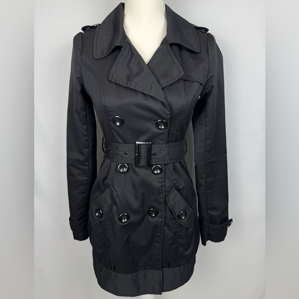 Divided By H&M Women’s Black Short Trench Coat Pockets Belted Lightweight Size 2